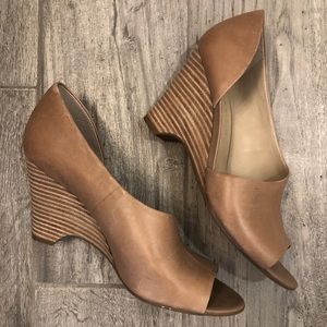 Franco Sarto Tan Peep Toe Open Side Wedges